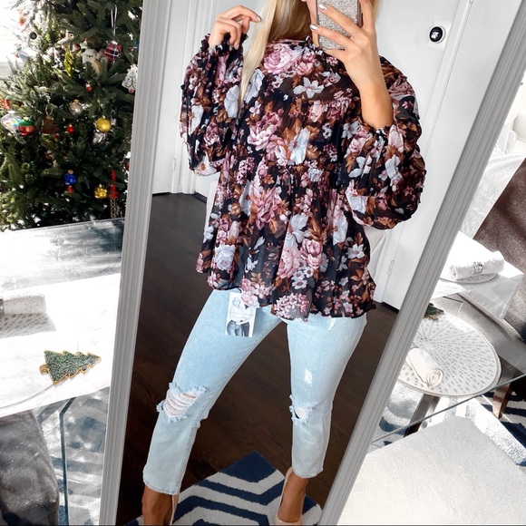 🍂 O.P.T ANTHROPOLOGY BOHO FLORAL 2-in-1 BLACK RUST RUFFLE BAGGY LONG SLEEVE TOP - Picture 15 of 16